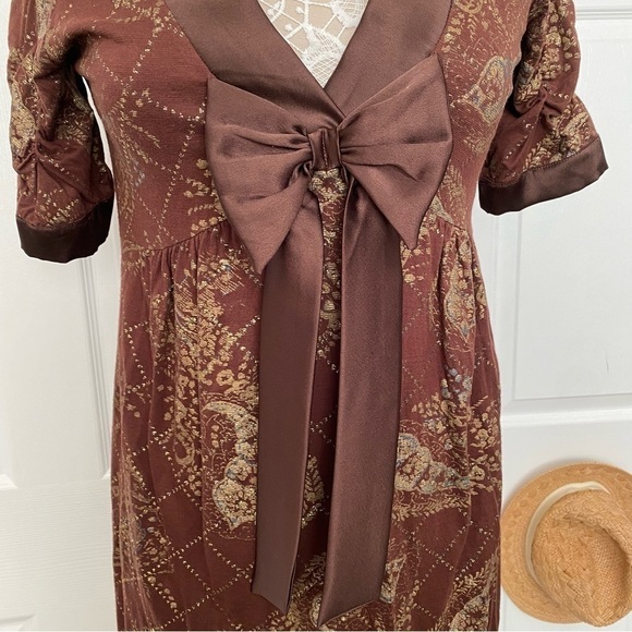Chaudry KC Pattern Brown Metallic Gold Mini Dress Short Sleeve V-neck Bow Small - Picture 4 of 15